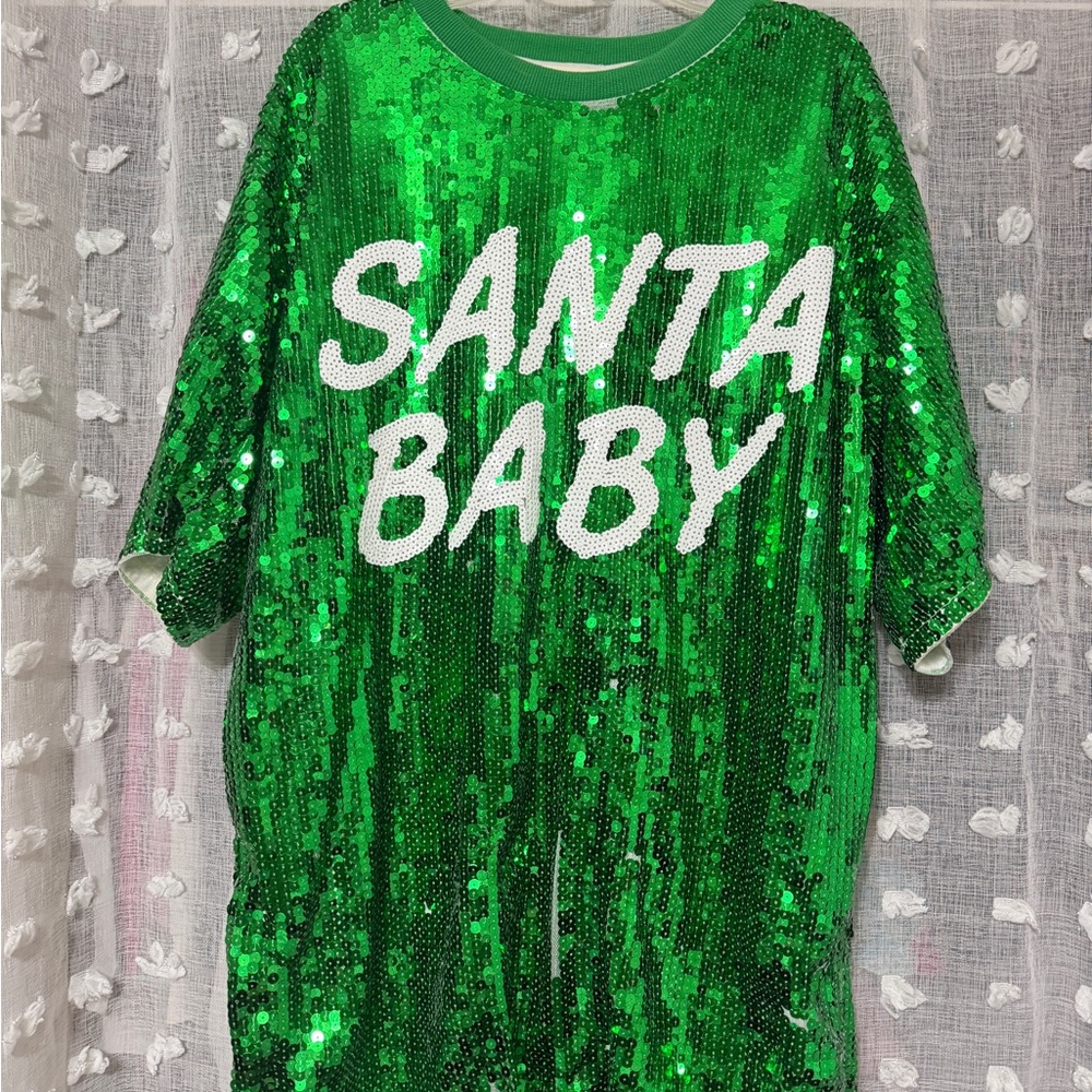 Green Sequin 'Santa Baby' T-Shirt Dress